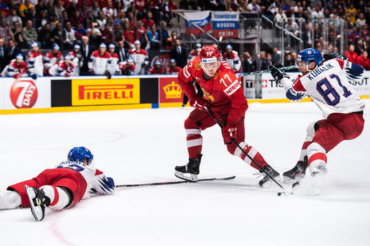 Filip Hronek and Dominik Kubalik of Czech Republic against