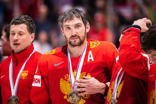 Alexander Ovechkin of Russia with his bronze medal
