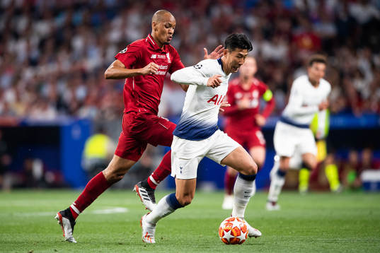 Heung-Min Son of Tottenham and Fabinho of Liverpool