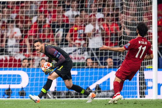 Goalkeeper Hugo Lloris of Tottenham and Mohamed Salah of