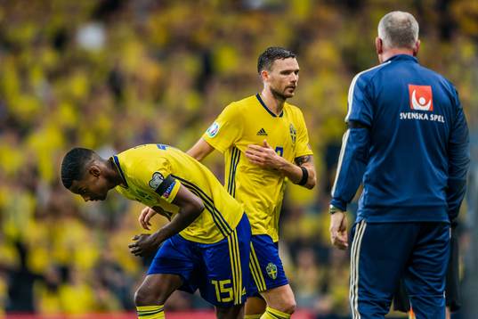 Marcus Berg changes with Alexander Isak of Sweden