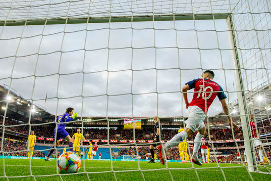 Tarik Elyounoussi of Norway celebrates after scoring 1-0