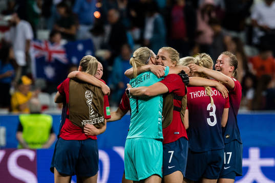 Elise Hove Thorsnes and goalkeeper Ingrid Hjelmseth of Norway celebrates