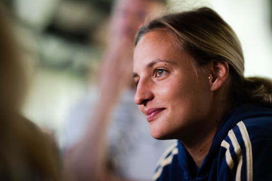 Nathalie Björn of Sweden in the mixed zone