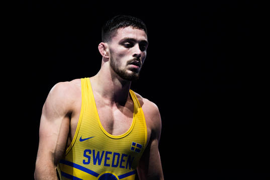 Alex Bjurberg Kessidis of Sweden (red) after winning against Gela Bolkvadze of Georgia (blue, not pictured) in the Men´s 77 kg Greco-Roman Wrestling 1/8 Finals
