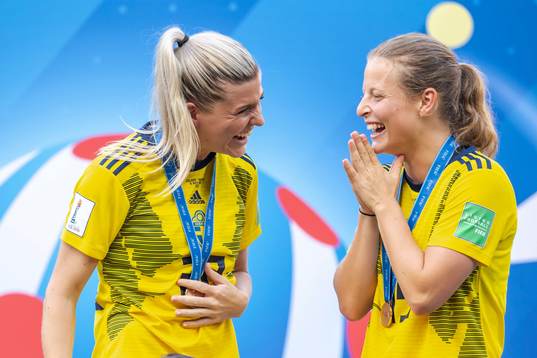 Olivia Schough and Anna Anvegård of Sweden celebrate