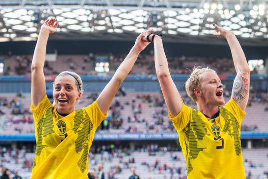 Linda Sembrant and Nilla Fischer of Sweden celebrate