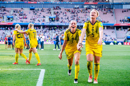Linda Sembrant and Nilla Fischer of Sweden celebrate