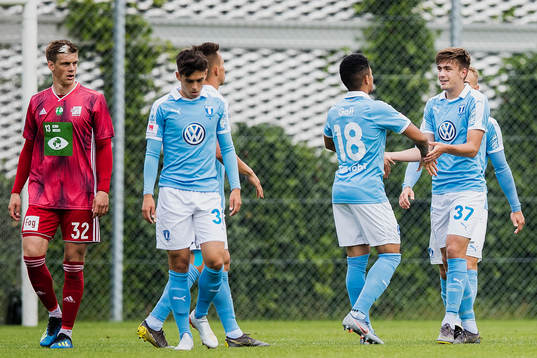 Malmö FFs Romain Gall och Tim Prica jublar efter 2-0