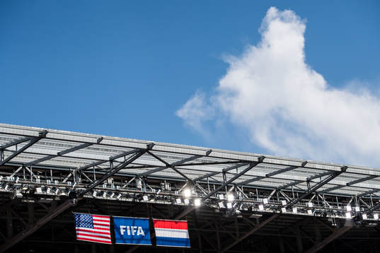 Flags of USA and of Netherlands ahead of the FIFA Women's World Cup final between USA and Netherlands on July 7, 2019 in Lyon.