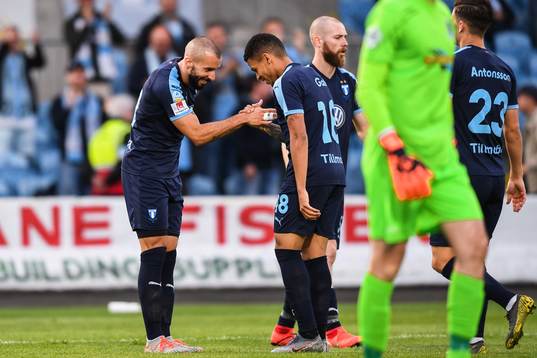 Guillermo Molins and Romain Gall of Malmö FF celebrate after 0-2