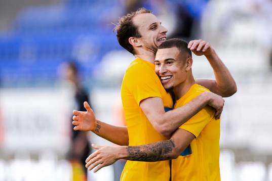 Lars Krogh Gerson and Jordan Larsson of IFK Norrköping celebrate after 1-0