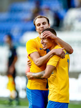 Lars Krogh Gerson of IFK Norrköping and Jordan Larsson celebrate after gola 1-0