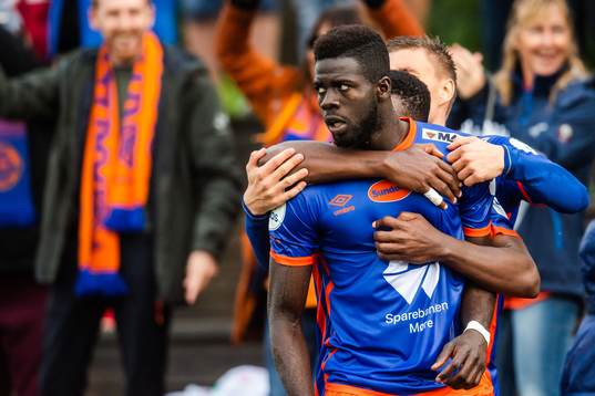 Pape Habib Gueye of Aalesund celebrates after scoring 2-4