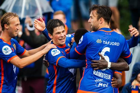 Jørgen Hatlehol, Sondre Brunstad Fet and Kaj Ramsteijn celebrate 2-4 during the OBOS-ligaen football match between KFUM and Aalesund on July 21, 2019 in Oslo.
