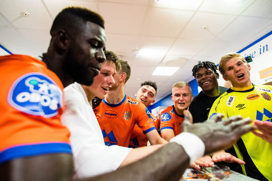 Pape Habib Gueye, Sondre Brunstad Fet, Niklas Fernando Nygaard Castro, David Kristjan Olafsson, Enock Mawete Mwimba and Goalkeeper Andreas Lie of Aalesund celebrates