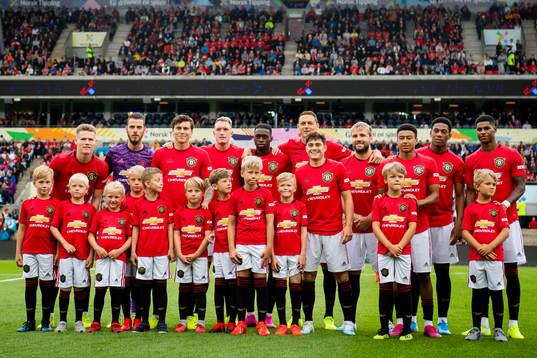 Scott McTominay, goalkeeper David de Gea, Victor Lindelöf, Phil Jones, Aaron Wan-Bissaka, Nemanja Matic, Luke Shaw, Jesse Lingard, Anthony Martial and Marcus Rashford of Manchester United ahead of the friendly match between Kristiansund and Manchester United on July 30, 2019 in Oslo.
