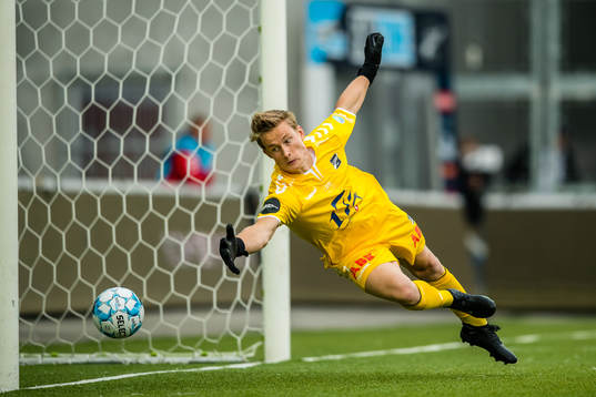 Sondre Løvseth Rossbach of Odd when Even Hovland of Rosenborg scores the 1-1 goal during the Eliteserien match between Odd and Rosenborg on August 17, 2019 in Skien.
