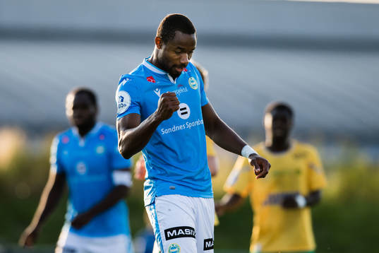 Kachi of Sandnes Ulf  celebrates after scoring 2-1