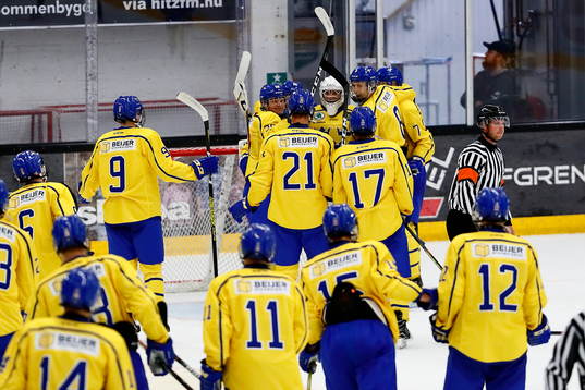 Sveriges spelare jublar och kramar om målvakt Carl Lindbom