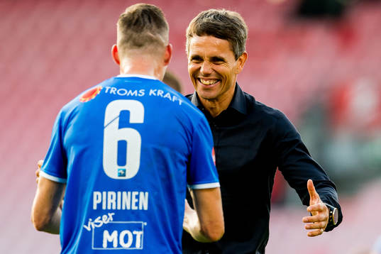 Simo Valakari, head coach of Tromsø, and Juha Markus Pirinen celebrate