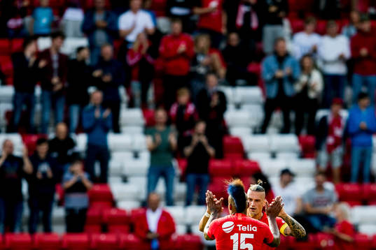 Bismar Acosta and Vito Wormgoor of Brann celebrate 1-0