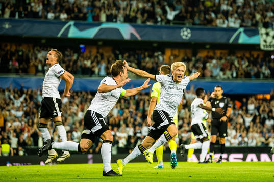 Mike Lindemann Jensen and Birger Solberg Meling of Rosenborg celebrates after the 1-0 goal during the Champions League play-off match between Rosenborg and Dinamo Zagreb on August 27, 2019 in Trondheim.
