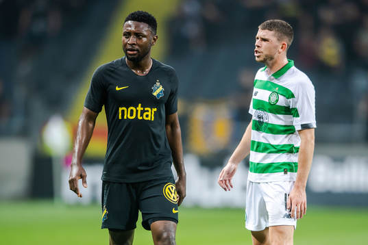 Chinedu Obasi of AIK in a discussion with Ryan Christie of