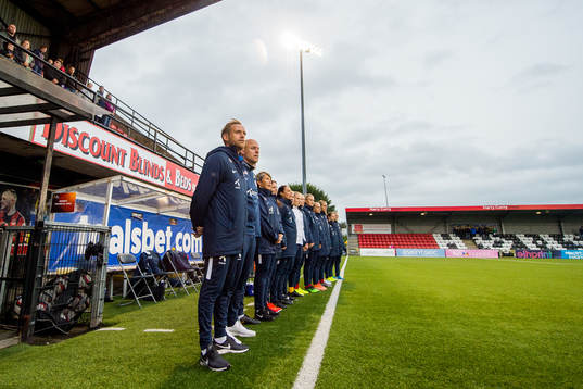 Martin Sjögren, head coach of Norway, and Anders Jacobson, assistant coach, ahead of the UEFA Women's Euro Qualifier football match between Northern Ireland and Norway on August 30, 2019 in Belfast.