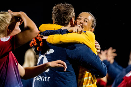 Goalkeeper Cecilie Fiskerstrand of Norway celebrates with Roger Eskeland, goalkeeper coach,