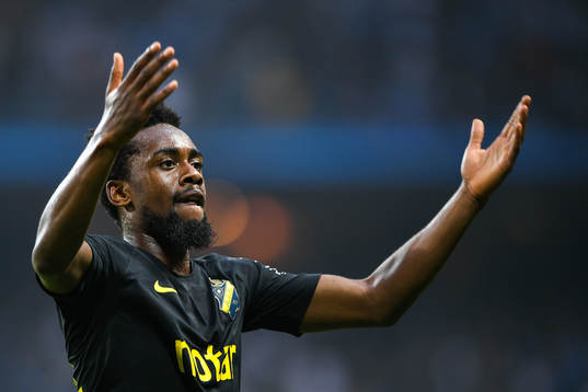 s Heradi Rashidi jublar efter fotbollsmatchen i Allsvenskan mellan AIK och Djurgården den 1 september 2019 i Stockholm.