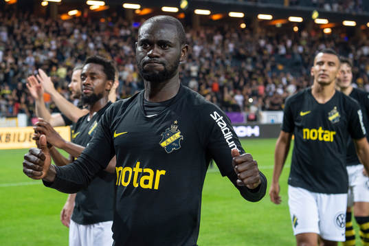 s Enoch Kofi Adu jublar efter fotbollsmatchen i Allsvenskan mellan AIK och Djurgården den 1 september 2019 i Stockholm.