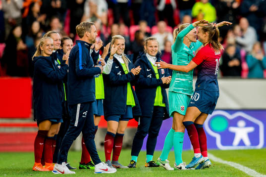 Caroline Graham Hansen of Norway celebrates with teammate Ingrid Hjelmseth after scoring 2-1
