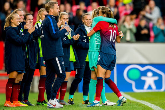 Caroline Graham Hansen of Norway celebrates with teammate Ingrid Hjelmseth after scoring 2-1