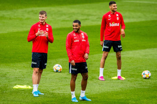 Alexander Sørloth, Joshua King and Bjørn Maars Johnsen of Norway during a training session on September 4, 2019 in Oslo.
