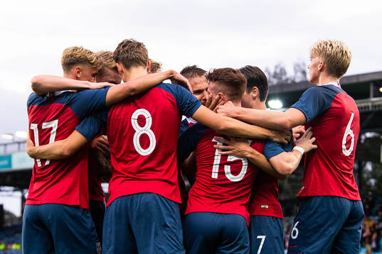 Tobias Heintz of Norway celebrates with teammates after scoring 1-0 during the UEFA European Under-21 Qualifier football match between Norway and Cyprus on September 6, 2019 in Drammen.
