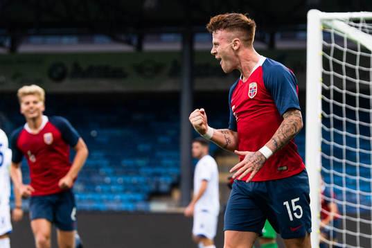 Tobias Heintz of Norway celebrates after scoring 1-0 during the UEFA European Under-21 Qualifier football match between Norway and Cyprus on September 6, 2019 in Drammen.
