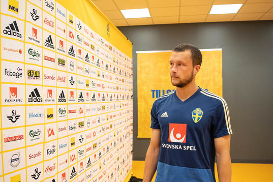 Jakob Johansson of the Swedish national football team in the mixed zone