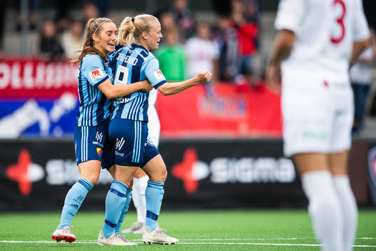 Djurgårdens Mia Jalkerud och Tilde Lindwall jublar efter reduceringen till 1-2