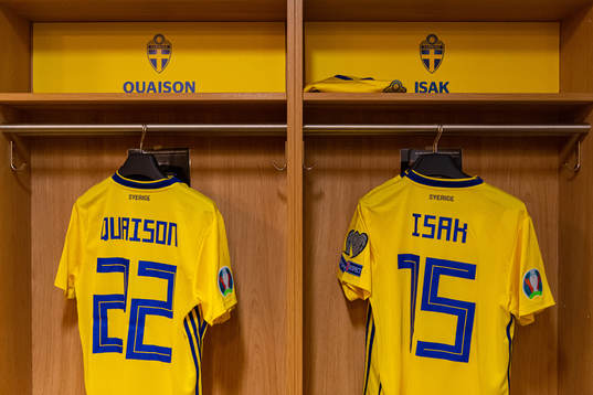 Jerseys of Robin Quaison and Alexander Isak in the Swedish