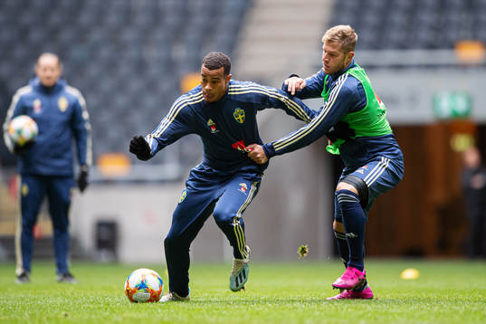 Robin Quaison and Riccardo Gagliolo of the Swedish national football team