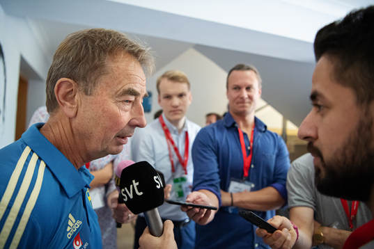 Scout Tom Prahl of the Swedish national football team is being interviewed by media