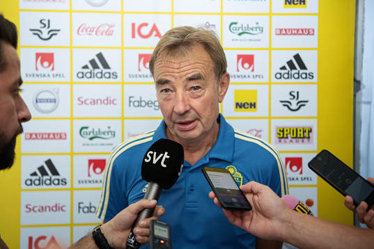 Scout Tom Prahl of the Swedish national football team is being interviewed by media