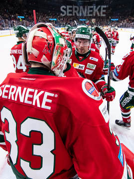 Frölundas målvakt Johan Mattsson jublar med lagkamrater