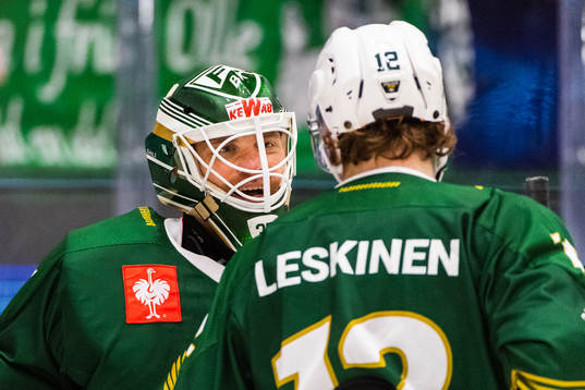 Goalkeeper Markus Svensson of Färjestad celebrates