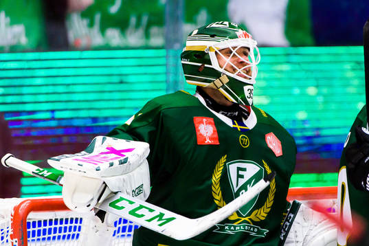 goalkeeper Markus Svensson of Färjestad celebrates
