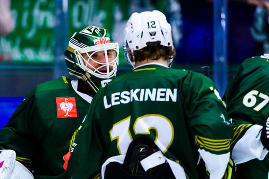 goalkeeper Markus Svensson of Färjestad celebrates