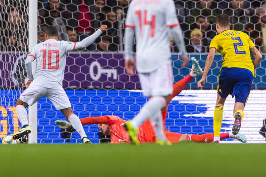 Thiago Alcantara of Spain is denied a goal by goalkeeper