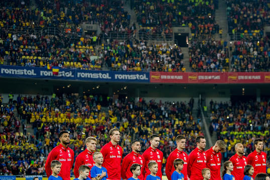 Joshua King, Martin Ødegaard, Sander Berge, Omar Elabdellaoui, Ole Kristian Selnæs, Markus Henriksen, Even Hovland, Kristoffer Ajer, Haitam Aleesami and goalkeeper Rune Almenning Jarstein of Norway line up ahead of the UEFA Euro Qualifier football match between Romania and Norway on October 15, 2019 in Bucharest.