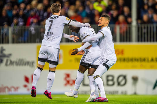 Babajide David Akintola of Rosenborg celebrates with Mike Lindemann Jensen and Bjørn Maars Johnsen of Rosenborg after scoring the 0-1 goal